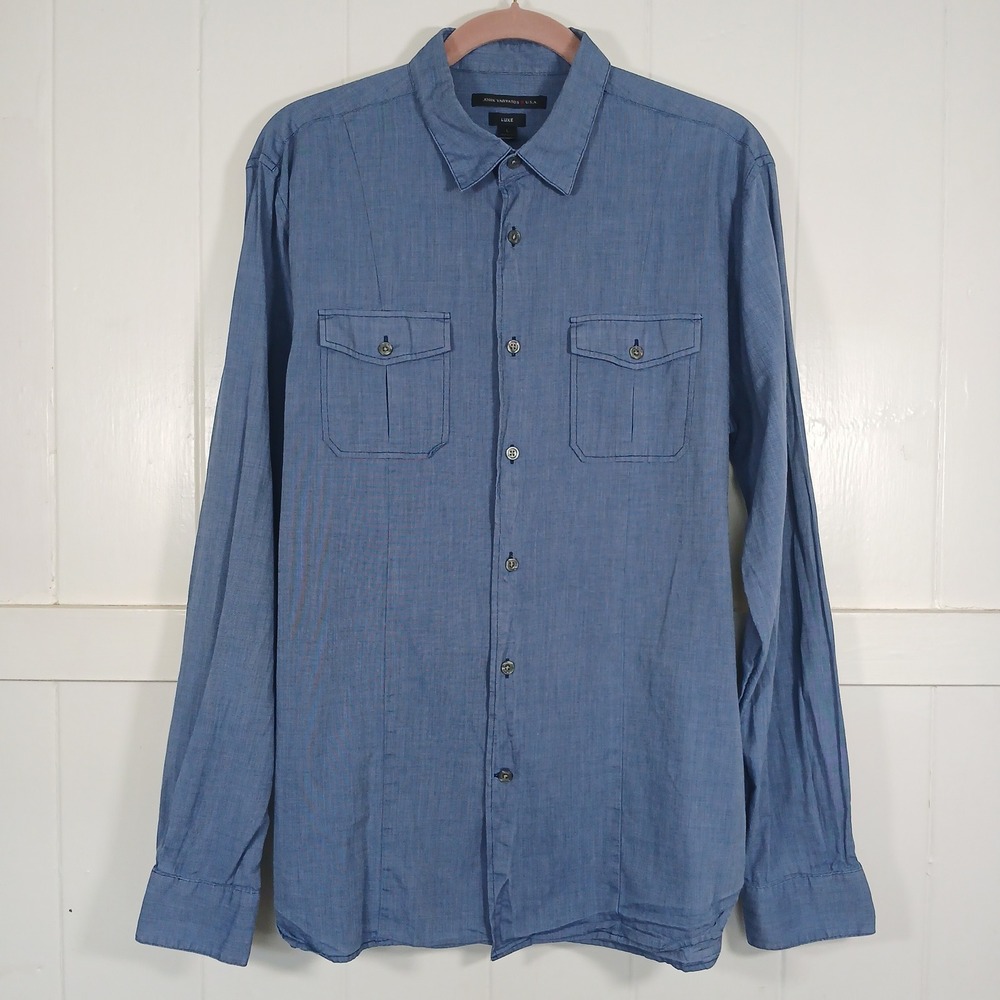 John Varvatos Button Down Mens Large Blue Luxe‎ Cotton Long Sleeve W932Q1L